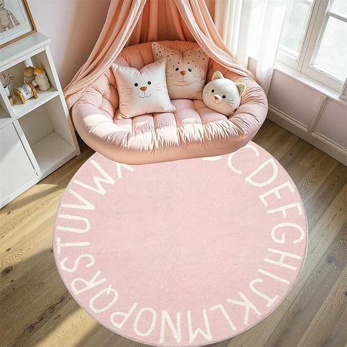 Round ABC Rug-6ft Children Education and Learning Fun Carpet, Alphabet Baby Crawling Mat,Fluffy and Comfortable Plush Floor Cushion Pink Sofa Cushion, for Playroom Classroom Decoration