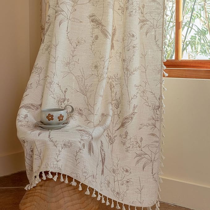 ENJOYBRIDAL Floral Curtains 84 Inches Long Farmhouse Semi Sheer Drapes Bird Patterned Rod Pocket 2 Panel Sets Boho Window Curtains Bedroom Living Room Botanical Aesthetic Decor Tassel Window Treatment