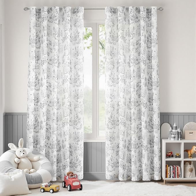jinchan Linen Nursery Curtains 90 inch Long Woodland Wildlife Grey Print Drapes for Kid's Room Light Filtering French Country Farmhouse Gray Curtains with Bunny and Forest Design Set of 2 Panels
