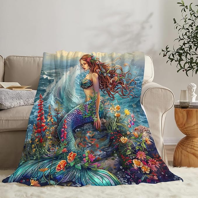 Tijuboni Mermaid Throw Blanket Mermaid Gifts for Girls Women Boys Men Kids Adults Soft Flannel Fleece Blanket for Couch Sofa Bed Home Decor 60"x80"