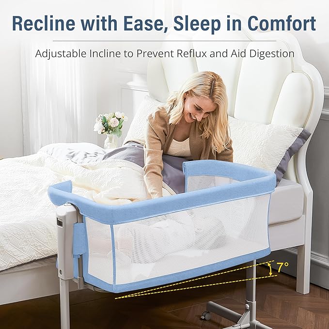 Baby Bassinet Bedside Sleeper 3-in-1, Easy Night Feeding with One-Side Fold & Rolling Wheels, Breathable Mesh, 6-Height Adjustable, Soft Mattress for Newborns