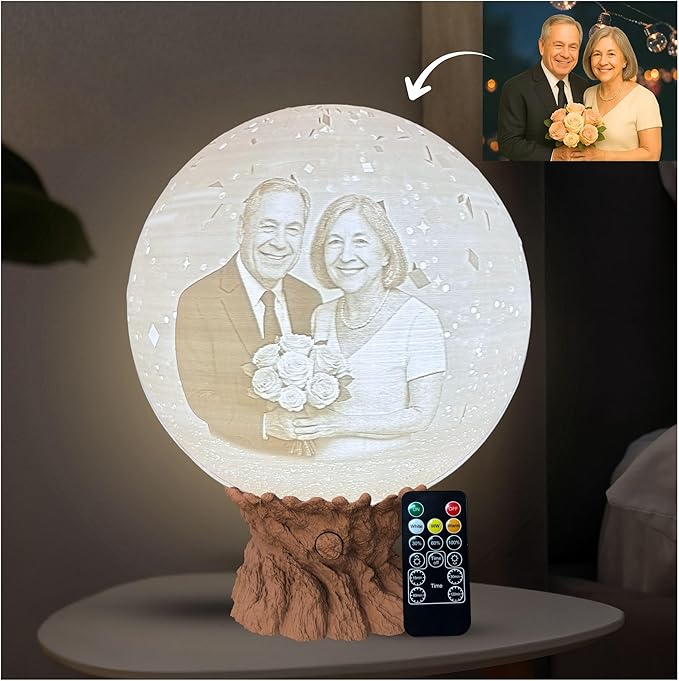 Personalized Anniversary Moon Lamp with Photo & Text - Couple Night Light - Custom Love Lamp for 1st, 20th, 25th, 50th Wedding Anniversary | Romantic Personalized Gift for Husband or Wife