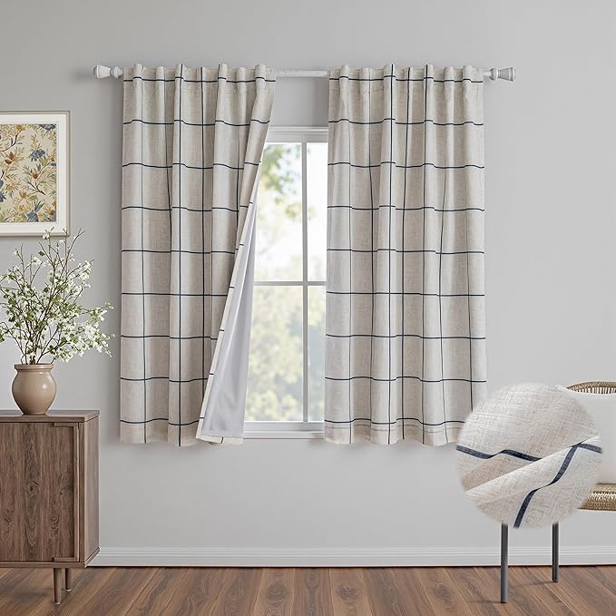 MYSKY HOME 100% Blackout Navy Blue Plaid Linen Curtains 63 Inches Long Windowpane Pattern Double Layer Farmhouse Thermal Insulated Drapes with Rod Pocket Back Tab for Bedroom, 2 Pcs, 52" Wide