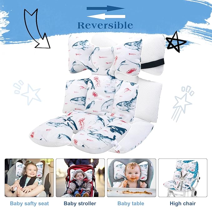 Baby Seat Pad Liner for Stroller–Soft and Breathable，3D Air Mesh Cotton Universal Baby Stroller Cushion (Ocean World)