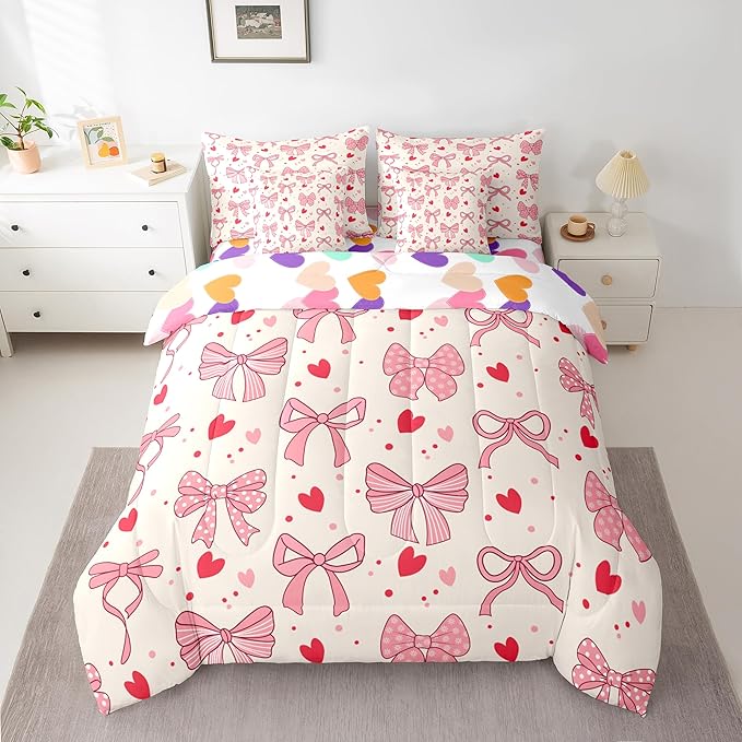 Pink Bowknot Bow Tie Kids Comforter King Size,Love Heart Dot Geometric Patchwork 7 Pcs Bedding Set,Stripe Snowflake Romantic Room Decor,Princess （Fitted+Sheet+2 Pillowcases+2 Throw Pillow Covers）