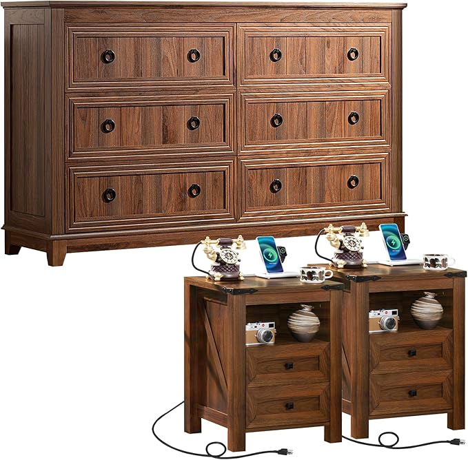 Farmhouse Living Room Sets, Night Stands Set of 2 and 6 Drawers Dresser for Bedroom, 58 Inch Wide Wood Dresser and 18.1" Night Stands with Charging Station for Bedroom, Living Room, Hallway