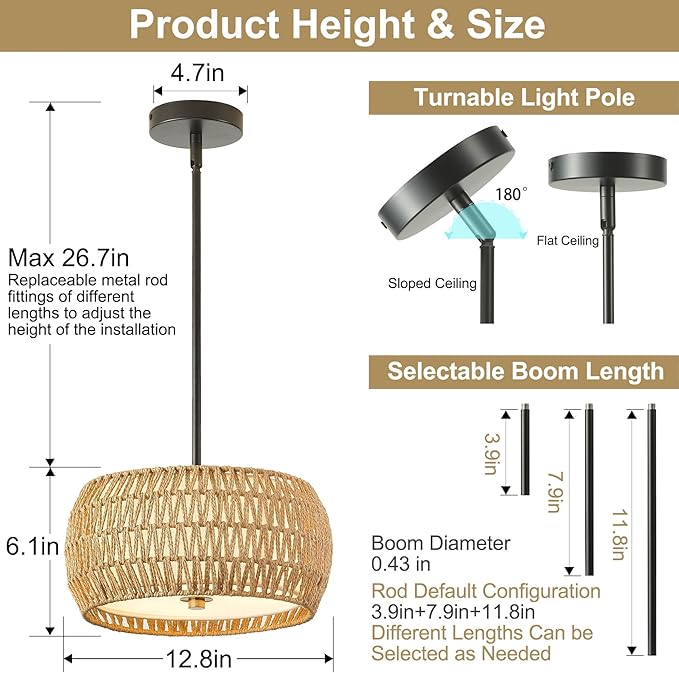 Rattan Pendant Light Kitchen Island,12.8" Hand-woven Modern Semi Flush Mount Ceiling Light Fixture,Boho Woven Lamp Shade Chandelier,Adjustable Farmhouse Hanging Light for Bedroom Bar Hallway