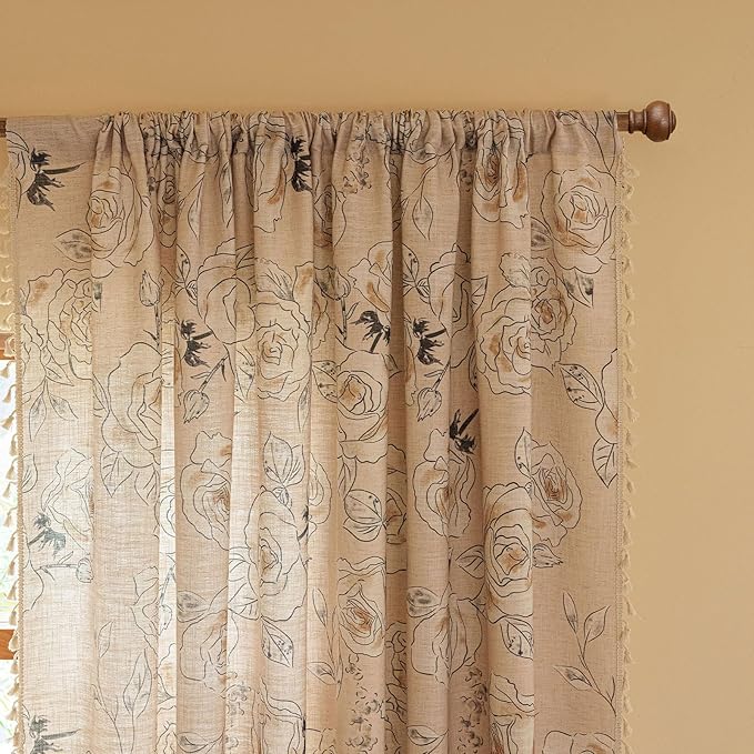 ENJOYBRIDAL Floral 84 Inch Curtains 2 Panel Set Coquette Rod Pocket Drapes Boho Bedroom Semi Sheer Aesthetic Window Curtain Panels Farmhouse Living Room Decorations Vintage Tassel Window Treatments