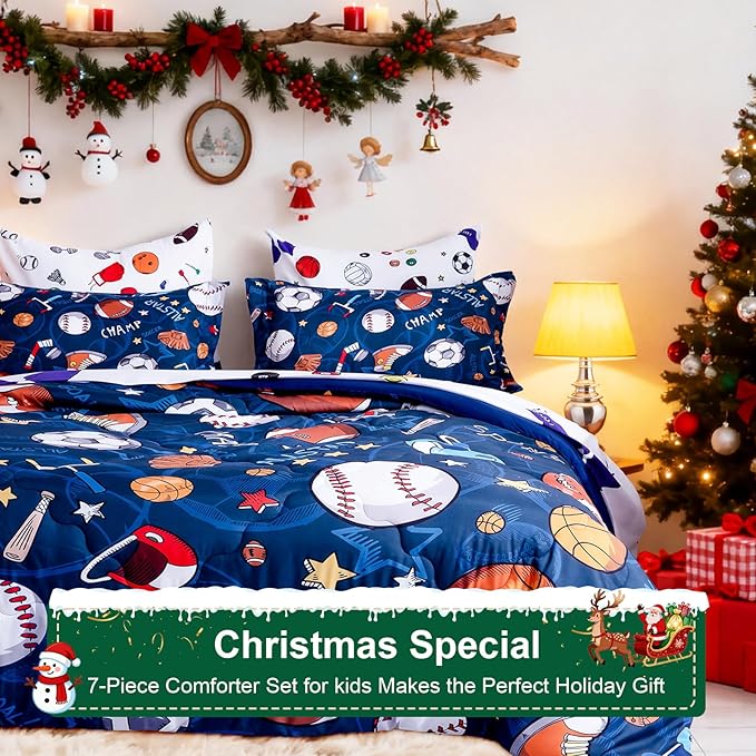 Wajade Sports Comforter Set Bed in A Bag Twin Size 7 Piece 3D Soccer Basketball Baseball Football Bedding Set for Kids Boys (1 Comforter, 1 Flat Sheet, 1 Fitted Sheet, 2 Pillowcase and 2 Pillow Sham)