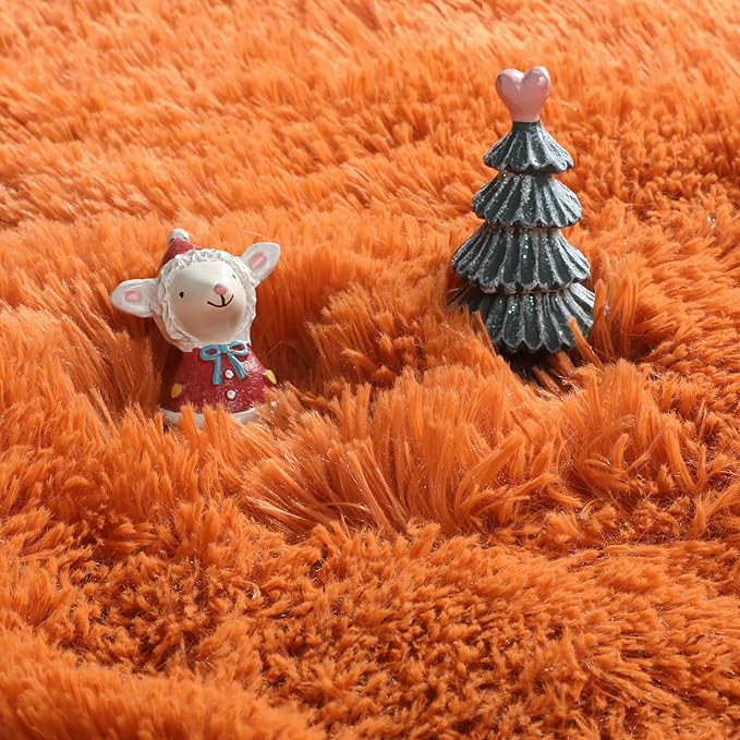 Amdrebio Burnt Orange Small Round Circle Rug 3Ft for Bedroom Living Room Aesthetic, Fluffy Fuzzy Furry Shaggy Area Rugs for Kids Room Decor, Plush Shag Dark Orange Carpet for Nursery Dorm Classroom