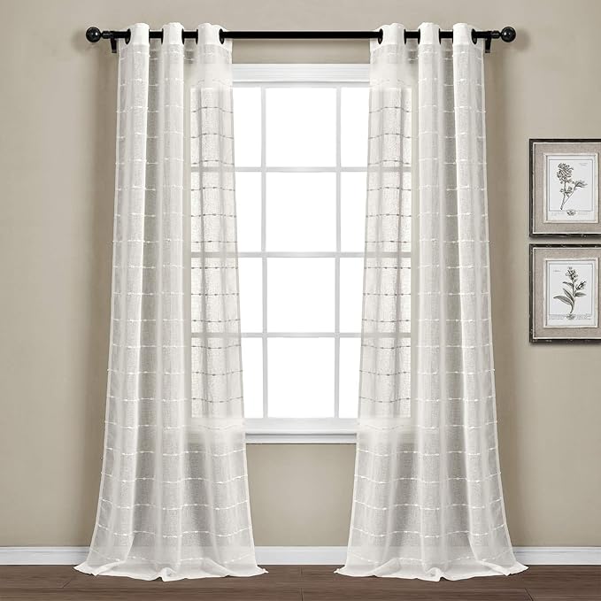 Lush Decor Farmhouse Textured Grommet Sheer Window Curtain Panel Pair, 38"W x 95"L, White