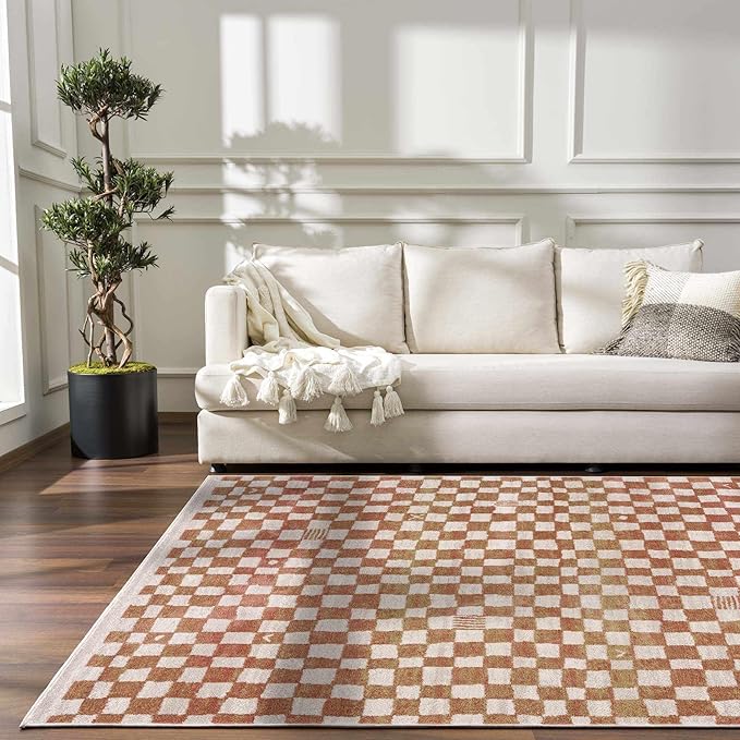 Hauteloom Pertek Modern Checkered Area Rug - Modern Geometric Carpet for Living Room, Kids Room, Nursery - Bohemian Boho Carpet - Cream, Beige, Light Red, Somon - 7'10" x 10'