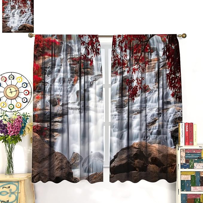 Waterfall Blackout Windows Curtains, Waterfall Red Forest Pattern Nature View Curtains, for Living Room Bedroom 52x84in 2 Panels