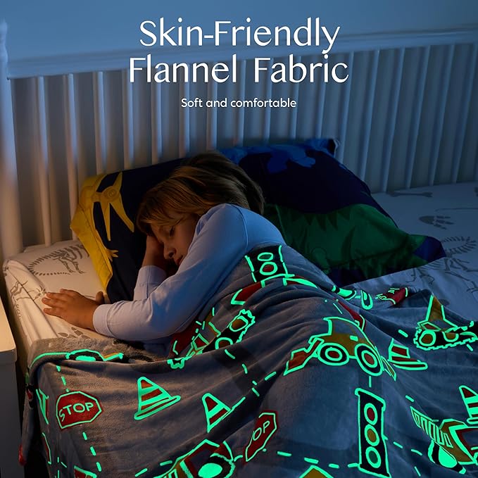 Joiedomi Glow in The Dark Blanket Construction Gifts for Boys Age 2 3 4 5 6 7 8 9 10 11 12 Year Old Boy Gifts, Soft Cozy Flannel Kids Throw Blanket, Birthday Bedroom Decor 50"×60"