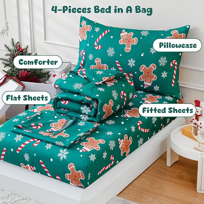 LONAVA Twin Kids Comforter Set - 4 Pieces Twin Bedding Sets for Boys Girls Children, Ultra Soft Microfiber Bed in A Bag with Flat Fitted Sheets, Gingerbread Man