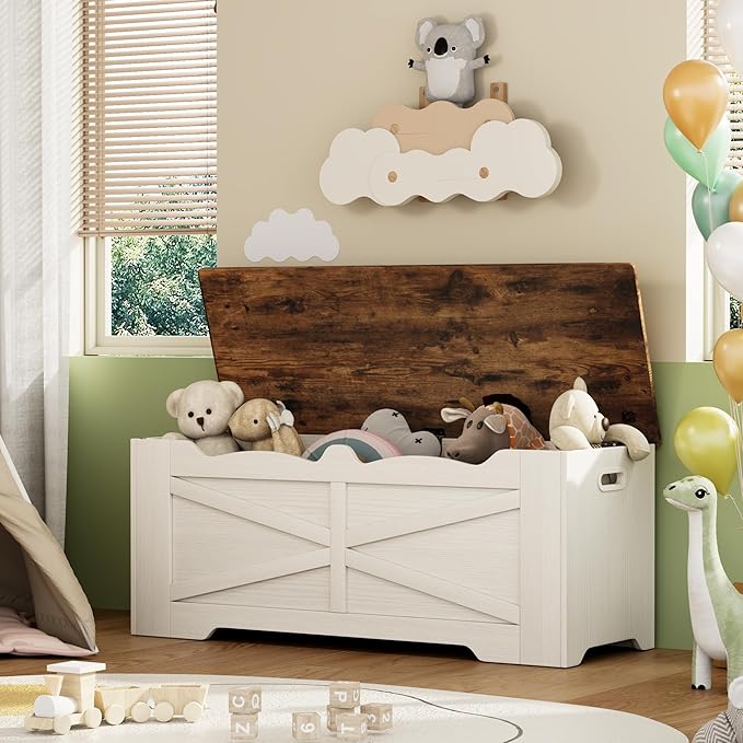 Storage Trunk, 47.2" Large Storage Bench for Bedroom, Lift Top Storage Chest, 300lbs Capacity Engineered Wood Entryway Bench with Storage, 2 Hinges for Living Room Hallway, White & Walnut