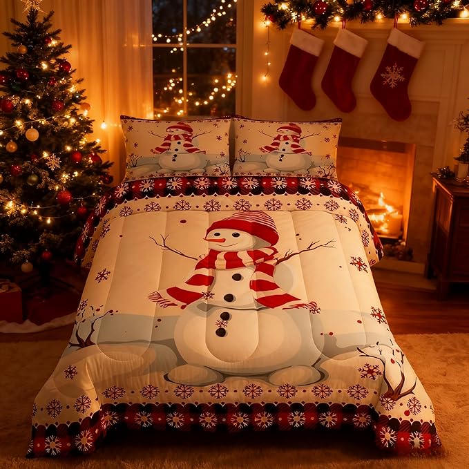 Kids Snowman Christmas Comforter Set Full Size,Snowflake Romantic Bedding,Girls Boys Adults Bedroom/Xmas Cabin Decor,Geometric Grid Lattice Down Comforter,Rustic Farmhouse Duvet Insert,2 Pillowcases