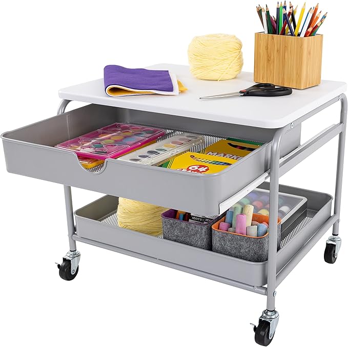 Seville Classics Rolling Utility Organizer Storage Cart, for Home Office, School, Classroom, Scrapbook, Hobby, Craft, Under The Desk Storage/Printer Cart 1 Drawer, White