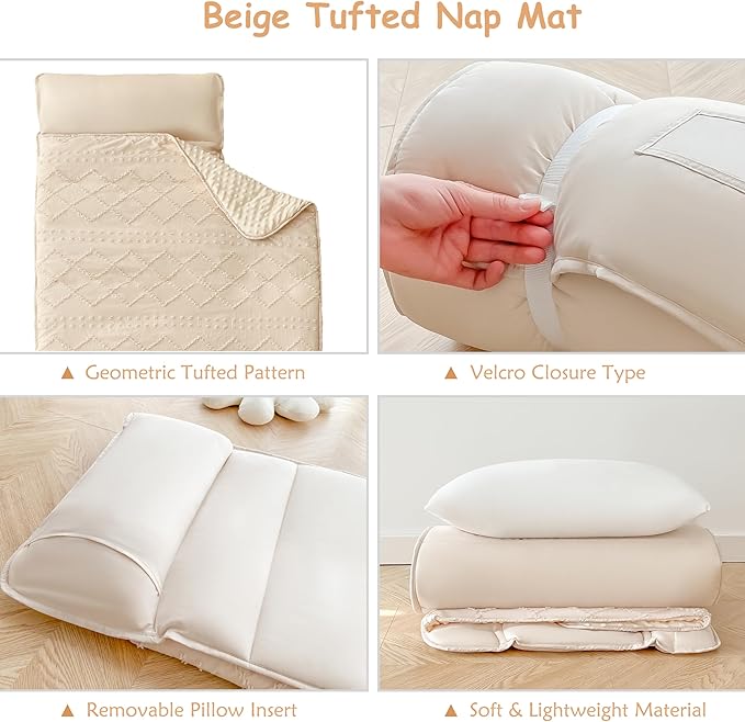 Toddler Nap Mat for Daycare Preschool Girls Boho Tufted Geometric Kids Sleeping Mat Pad Toddler Bedding Set Portable Baby Sleeping Bag with Pillow and Blanket for Travel Camping Outdoor