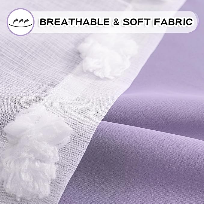 MYSKY HOME Light Blocking Lilac Curtains for Living Room White Sheer Pom Pom Kids Room Decor Drapes 108 Inches Long Double Layer Curtain for Sliding Door Grommet Window Panels Set of 2 52" x 108"
