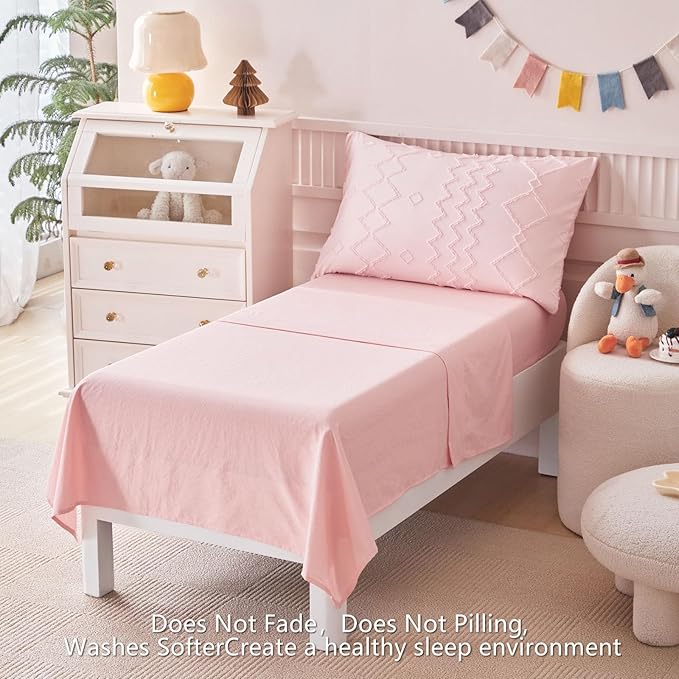 AIKASY Toddler Bedding Set 4 Pieces Super Soft Comforter Set, Shabby Boho Bohemian Design for Boys and Girls（Ruffle Fringe Comforter, Flat Sheet, Fitted Sheet and Pillowcase）- Coral Pink