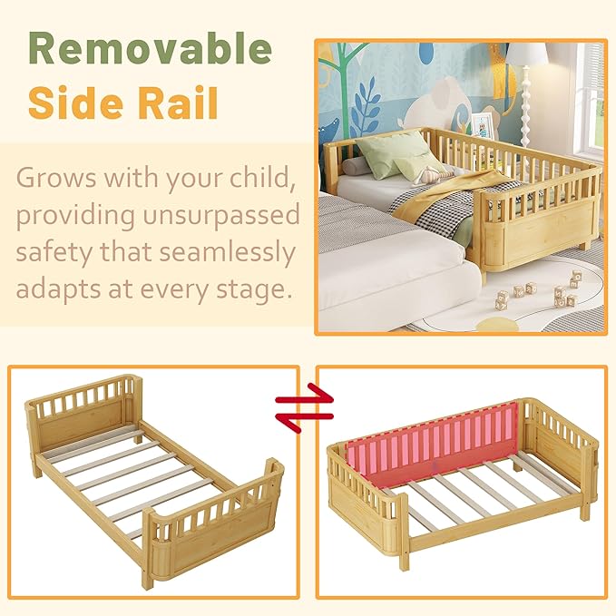 Twin Kids Platform Bed Frame with Rails, Wood Low Montessori Bed with Slats Support, Modern Daybed with Detachable Side Rails, Kids Beds for Boys Girls Bedroom, Natural
