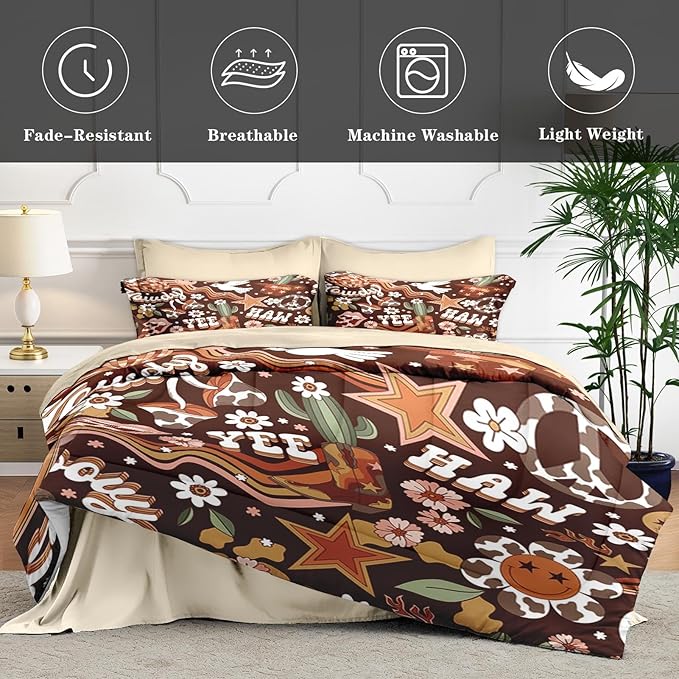 7 Pcs Full Size Comforter Set with 2 Pillowcases & 2 Shams, Western Hippie Cowgirl Bedding for Kids and Adults, West Boho Cowboy Bed in a Bag with Flat Fitted Sheet