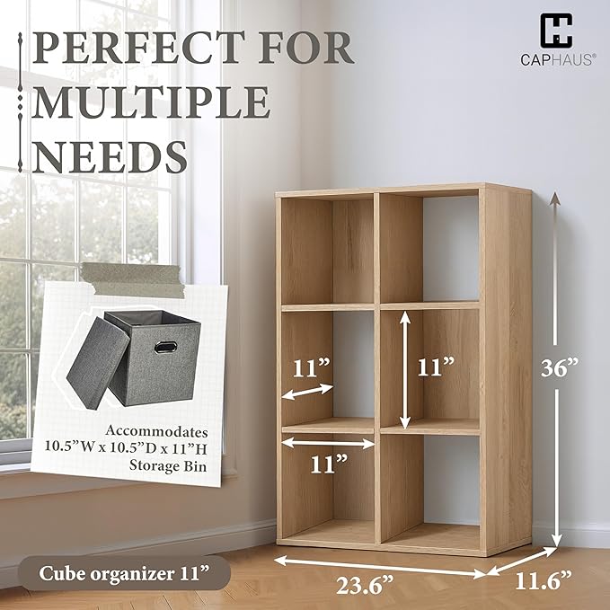 CAPHAUS 11-Inch Cube Storage Organizer Shelf, Home Storage Shelf Divider w/Back, 6-Cube Storage Bookcase, Natural Oak