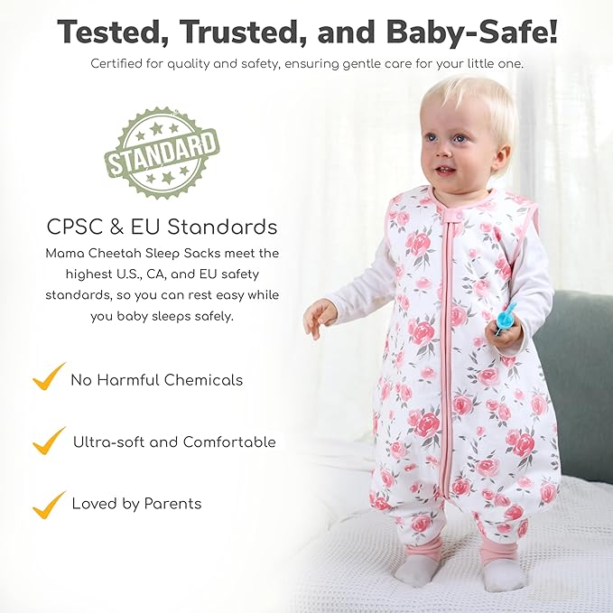 Mama Cheetah Toddler Sleep Sack with Feet, 6-18 Month, 2.5 TOG Organic Cotton Baby Sleeping Bag with Legs, Baby Wearable Blankets for Walkers w/ 2-Way Zipper, Baby Sleep Sack for Girls & Boys, Small