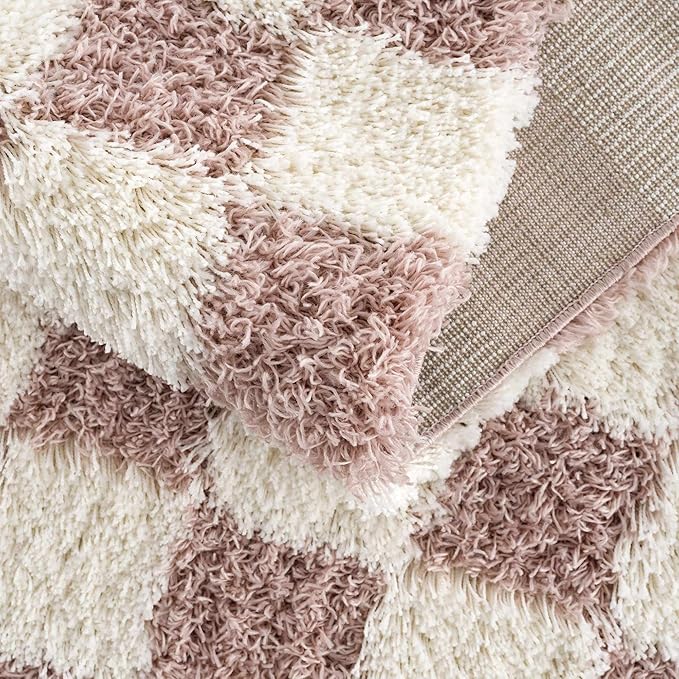 Hauteloom Atira Contemporary Checkered Fluffy Shag Area Rug - Modern Geometric Carpet Tiles for Living Room, Kids Room, Nursery - Plush Pile - Pink, Cream, White - 6'7" x 9'6"