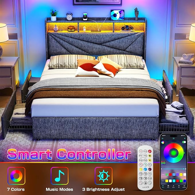 LED King Size Bed Frame with 4 Storage Drawers, Upholstered King Bed Frame with 2-Tier Headboard and Charging Station, No Box Spring Needed, Easy to Assembly - Dark Grey