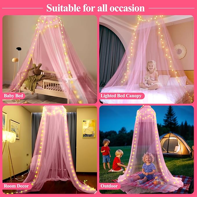 Lovelite Bed Canopy for Girls, Pink Canopy Bed Curtain with Warm White Star String Lights Remote Control, Dome Princess Canopy for Girls Room Twin Full Queen King Bed Decor