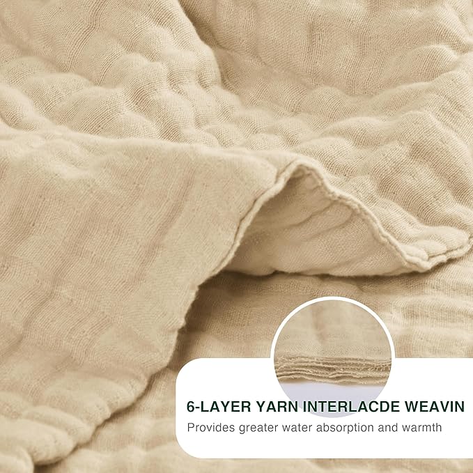 Love's cabin 6 Layer 100% Cotton Muslin Blanket, 50"x60" Throw Muslin Blanket for Couch Bed, Lightweight and Breathable Cotton Gauze for Adult, Khaki