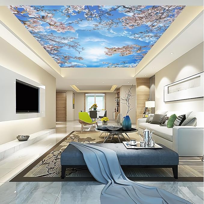 Sky Cherry Blossom Ceiling 3D Wall Mural Wallpaper 103" x 69"