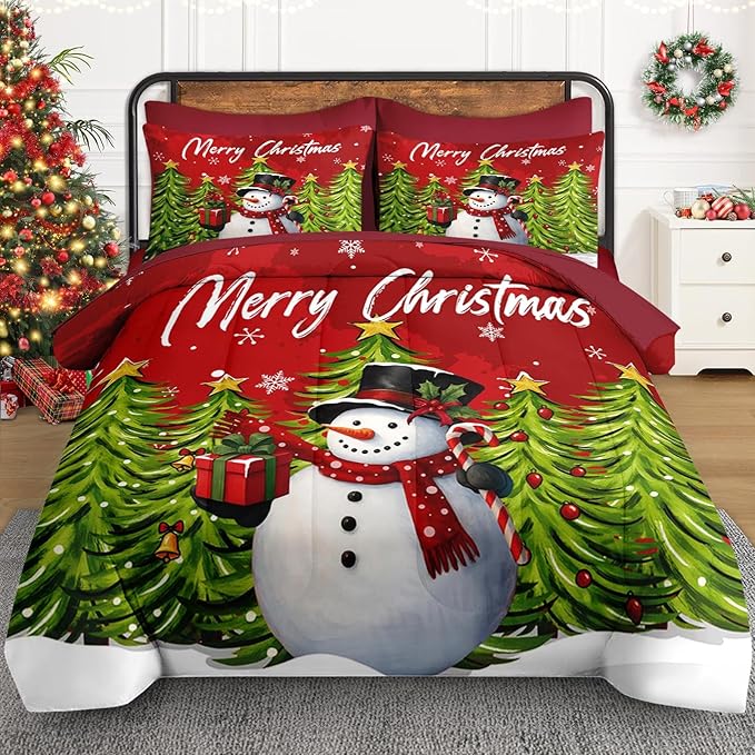 7 Pcs King Size Christmas Comforter Set with 2 Pillowcases & 2 Shams, Red Cartoon Snowman Bedding for Kids and Adults, Funny Xmas Pine Forest Bed in a Bag with Flat Fitted Sheet