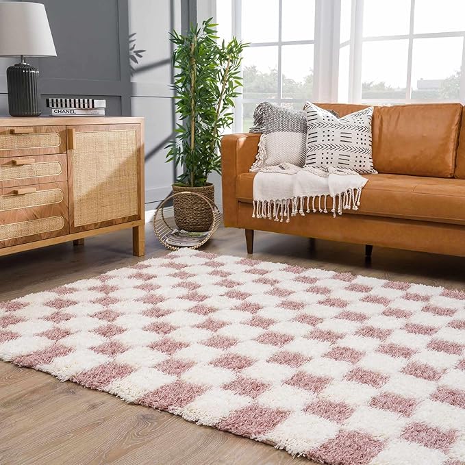 BoutiqueRugs Atira Modern Checkered Shag Runner Rug - High Pile Fluffy Shaggy Carpet for Kids Room, Hallway, Bedroom - Pink, Cream, White, Blush, Rose - 2'7" x 7'3" (2x8)