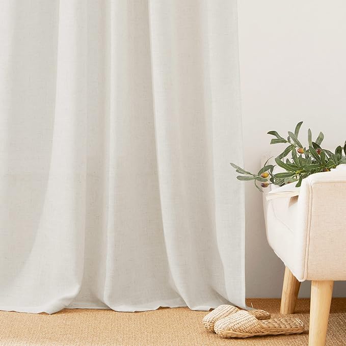 RYB HOME Linen Sheer Curtains - Linen Textured Fabric Semi Sheer Window Decor Light and Airy Privacy Drapes for Doorway Bedroom Living Room, 52 inch Wide x 72 inch Long, 1 Pair, Linen
