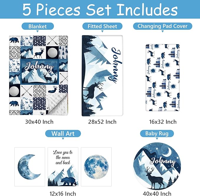 Personalized Baby Crib Bedding Set, 5 Pcs Custom Name Nursery Bedding Set for Boys Girls, Blue Deer Crib Set, Toddlers Crib Bedding, Double Layer, Ideal Gift for Newborn Infant New Parents