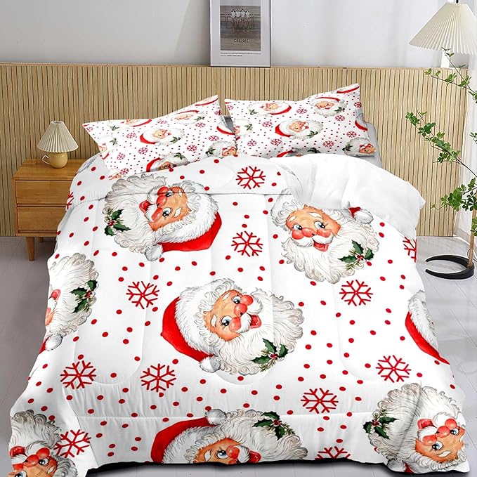 LUVIVIHOME 2PCS Merry Christmas Comforter Set Twin Size, Red Snowflake Funny Santa Claus Bedding, Christmas Bedroom Decor, Soft Breathable Microfiber White Quilt, Xmas Gifts, 1 Pillow Sham