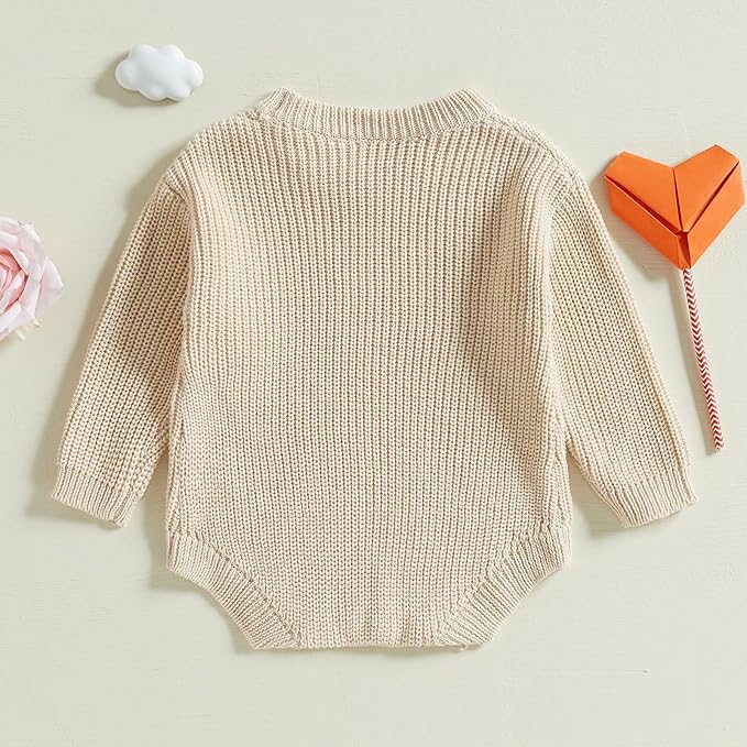 Lesimsam Newborn Baby Boy Girl Valentines Day Outfit Oversized Embroidery Long Sleeve Knit Sweater Bubble Romper Bodysuit