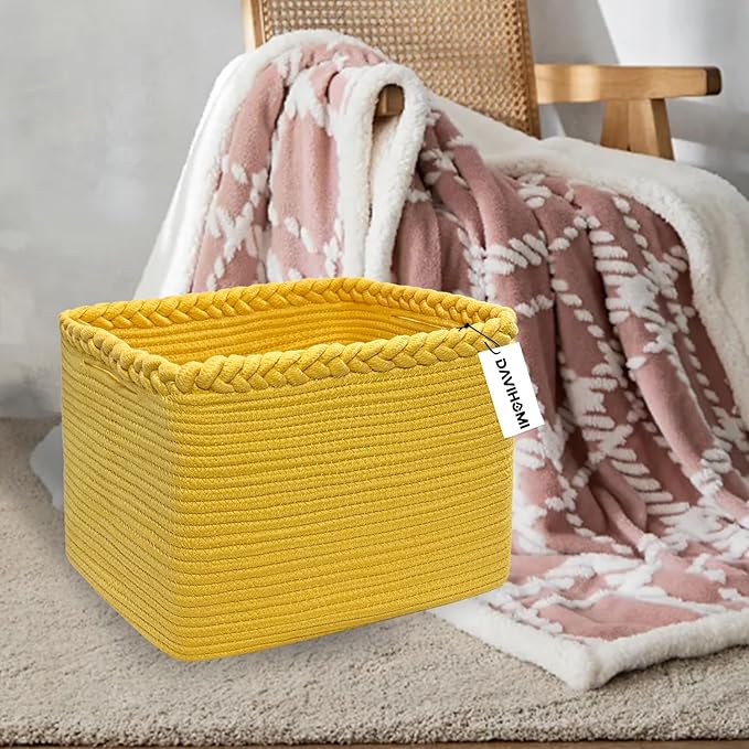 Small Woven Cotton Rope Basket for Storage, Gift Baskets for Handles, Cloth Storage Baskets for Organizing-13.5" x 11" x 9.5" home decor for Living Room, Bathroom（Yellow）