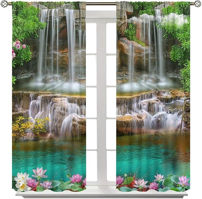 Waterfall Blackout Window Curtains, Rocky Waterfall to Pond Running Off Scenic Nature Themed Picture Print Window Drapes, for Living Room Bedroom 84x84in 2 Panels