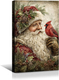 YONICA Christmas Canvas Wall Art Santa with Cardinal 20x30 Inch Vintage Style with Red Bird - Large Framed Gallery Wrapped Wildlife Art