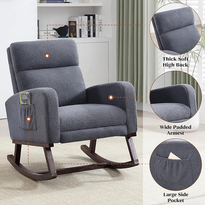 Rocking Chair Nursery with Foot Rest, Teddy Nursing Rocking Chairs for Mom Breastfeeding, Rocker Glider Chair with High Backrest for Living Room, Bedroom, Blue Grey