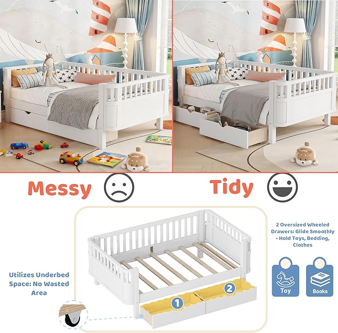 Twin Kids Bed with Storage Drawers & Rails, Wood Low Montessori Beds with Detachable Side Rails & Slats, Modern Daybed for Boys Girls Bedroom, Kids Twin Platform Bed, White