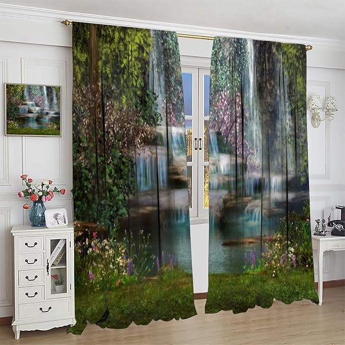 Natural Waterfall Blackout Window Curtains, Waterfalls Flowers Trees Landscape Window Drapes, for Living Room Bedroom 84" W X 84" L