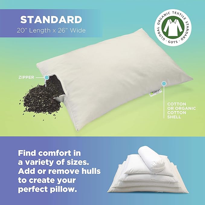 Bean Products 13" x 18" Travel Bed Pillow for Sleeping – Organic Buckwheat Fill with Organic Cotton Fabric, Soft Toddler Head Pillow – Eco-Friendly, Breathable, and Durable Sleep Aid, Made in The USA