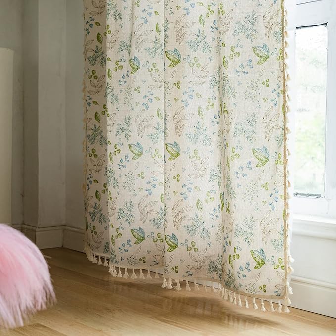 ENJOYBRIDAL Leaf Curtains 96 Inch Length 2 Panels Tassel Boho Semi Sheer Drapes Bedroom Living Room Farmhouse Floral Rustic Country Rod Pocket Cotton Linen Blend Window Curtain Panel