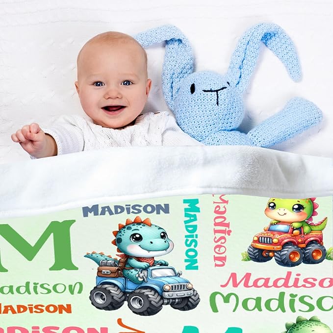 Custom Dinosaur Truck Blanket for Kids - Personalized Funny Dinosaur Gifts with Name - Plush Soft Warm Lightweight Flannel Throw Sheet Decor for Boys Girls Toddler Newborn Crib Nap Couch - 30"X40"