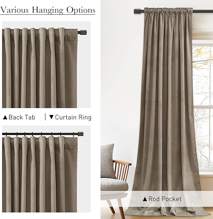 StangH Luxury Camel Beige Velvet Curtains 96 inches Long - Super Soft Velvet Drapes Heat & Light Blocking Thermal Insulated Window Treatment for Bedroom/Sliding Glass Door, W52 x L96, 2 Panels